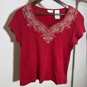 White Stag Red Short Sleeve Shirt with Tan and White Embroidery Size Medium Boho
